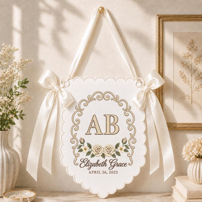 Personalized Monogram Banner Elizabeth Grace Name Wall Hanging Pink Rose Decor Custom Initial AB Scalloped Bow Wedding Keepsake Gift