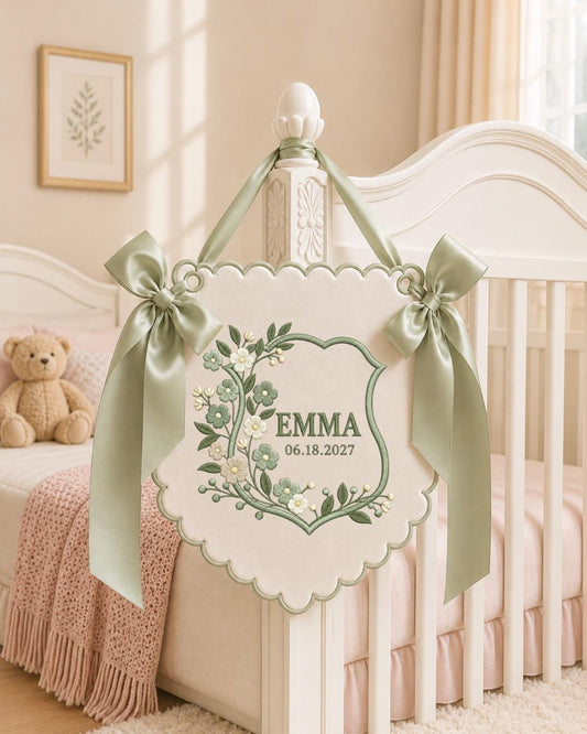 Personalized Floral Embroidered Baby Name Banner, Custom Birth Announcement Sign, Sage Green Nursery Wall Decor, Newborn Baby Gift