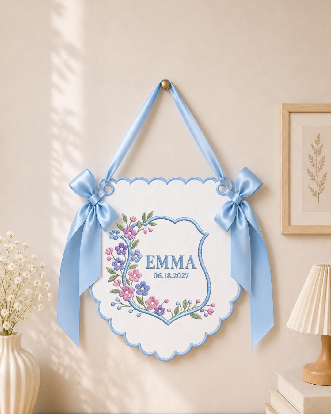 Personalized Floral Embroidered Baby Name Banner, Custom Birth Announcement Sign, Sage Green Nursery Wall Decor, Newborn Baby Gift