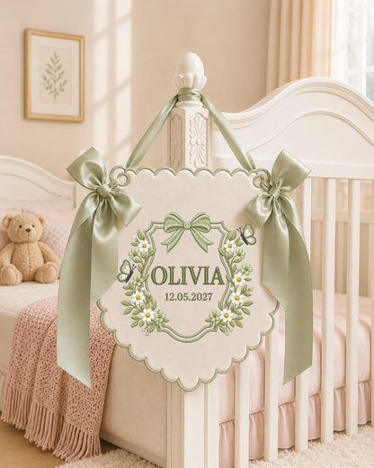 Personalized Floral Embroidered Baby Name Banner, Custom Birth Announcement Sign, Blue Nursery Wall Decor, Newborn Baby Gift