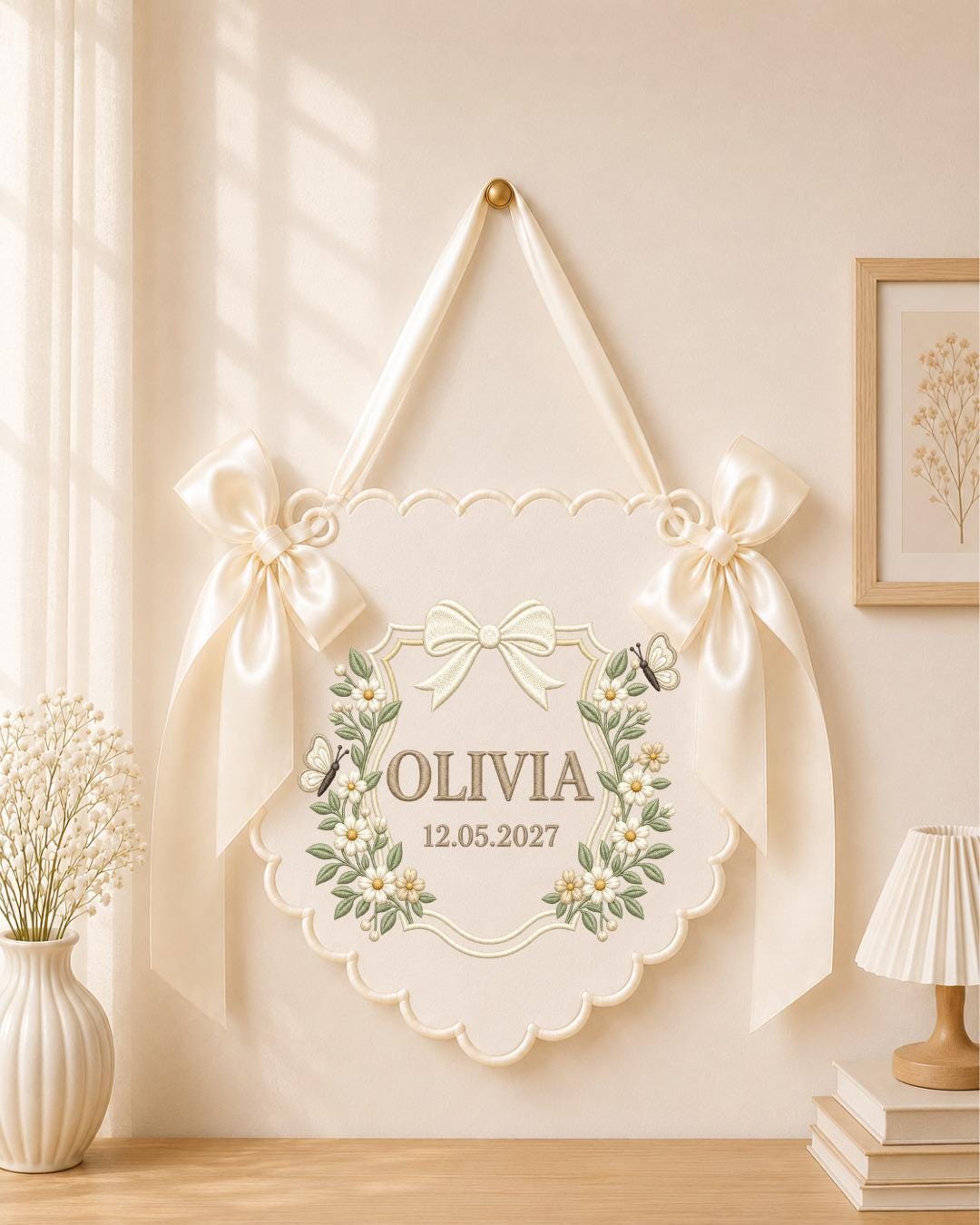 Personalized Floral Embroidered Baby Name Banner, Custom Birth Announcement Sign, Blue Nursery Wall Decor, Newborn Baby Gift