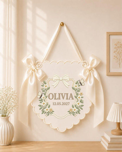 Personalized Floral Embroidered Baby Name Banner, Custom Birth Announcement Sign, Blue Nursery Wall Decor, Newborn Baby Gift