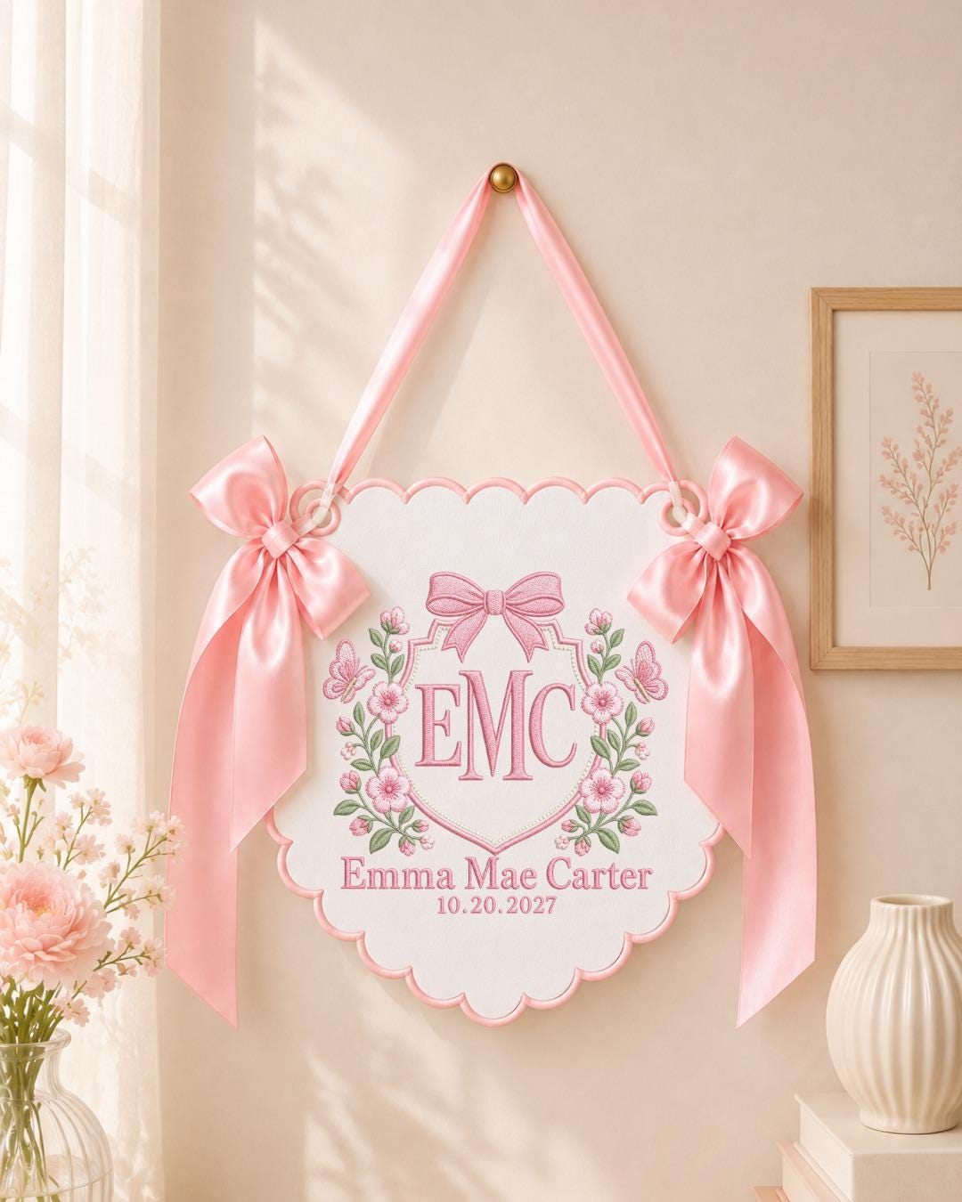 Personalized Floral Monogram Embroidered Baby Banner, Custom Baby Name Sign, Birth Announcement Nursery Decor, Baby Girl Gift