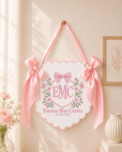 Personalized Floral Monogram Embroidered Baby Banner, Custom Baby Name Sign, Birth Announcement Nursery Decor, Baby Girl Gift