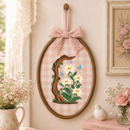 Embroidered Floral Oval Hoop Wall Hanging White Flower Tree Branch Decor Butterfly Nursery Room Art Handmade Nature Gift Home Ornament