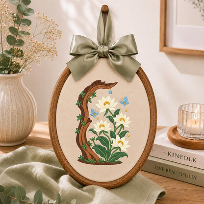 Embroidered Floral Oval Hoop Wall Hanging White Flower Tree Branch Decor Butterfly Nursery Room Art Handmade Nature Gift Home Ornament