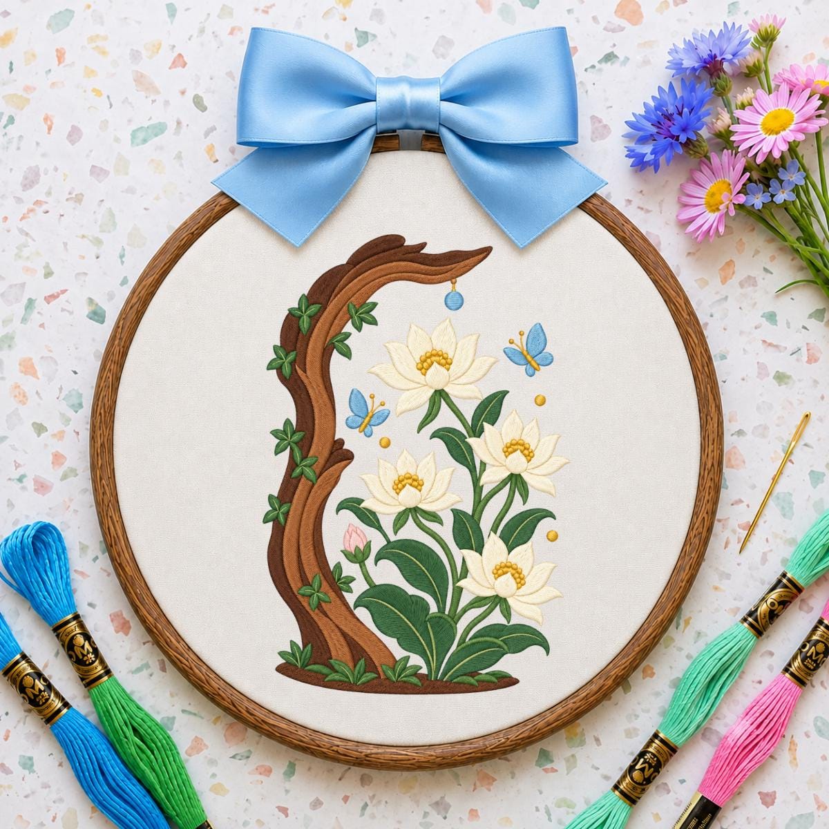 Embroidered Floral Oval Hoop Wall Hanging White Flower Tree Branch Decor Butterfly Nursery Room Art Handmade Nature Gift Home Ornament