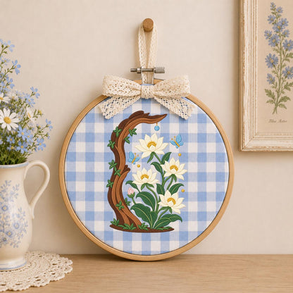 Embroidered Floral Oval Hoop Wall Hanging White Flower Tree Branch Decor Butterfly Nursery Room Art Handmade Nature Gift Home Ornament