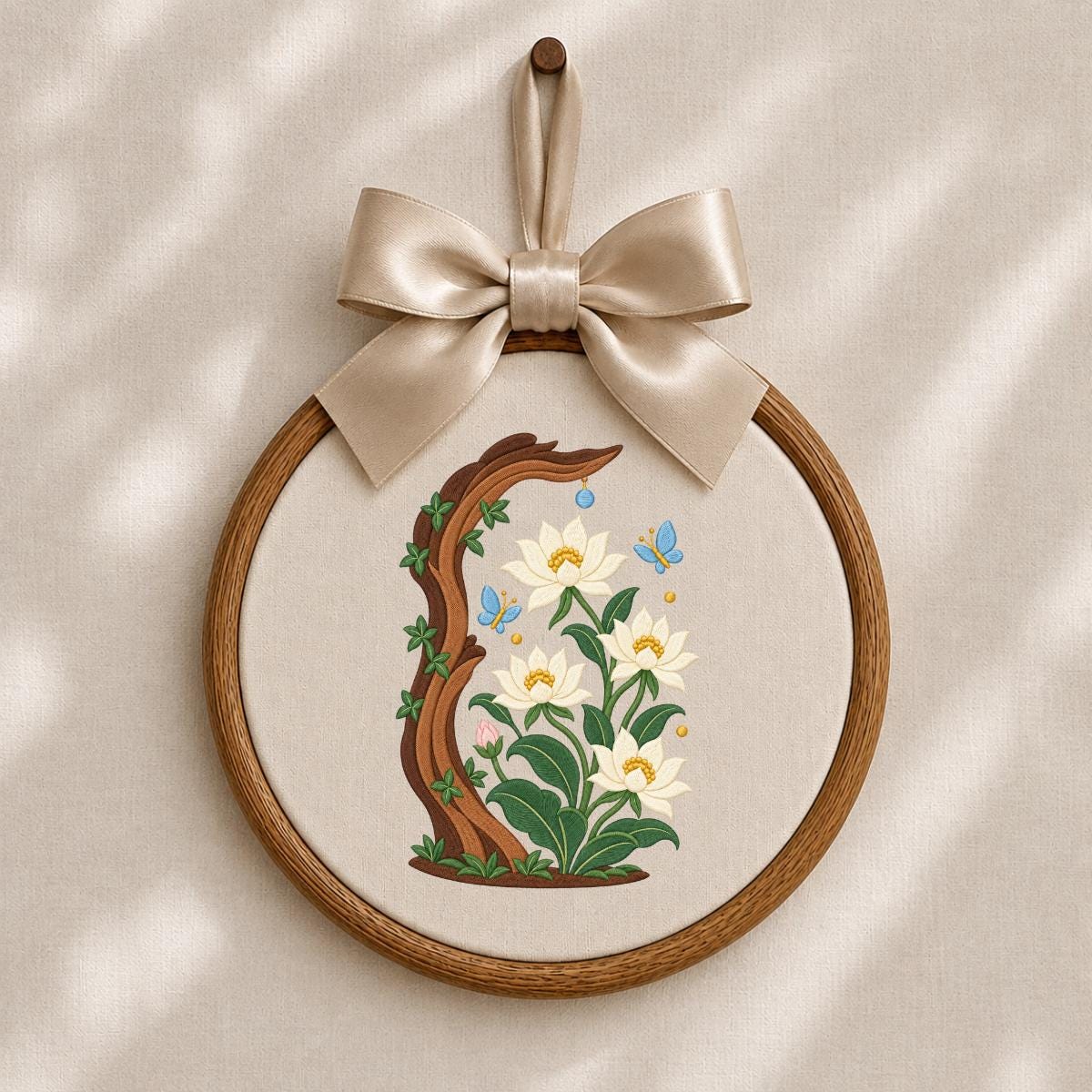 Embroidered Floral Oval Hoop Wall Hanging White Flower Tree Branch Decor Butterfly Nursery Room Art Handmade Nature Gift Home Ornament