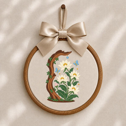 Embroidered Floral Oval Hoop Wall Hanging White Flower Tree Branch Decor Butterfly Nursery Room Art Handmade Nature Gift Home Ornament