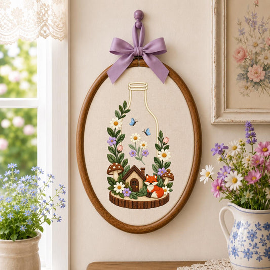 Handmade Rustic Woodland Wall Hanging Embroidered Fox Mushroom Cottage Flower Garden Decor Round Hoop Ornament Nature Lover Keepsake Gift