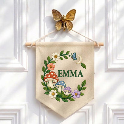 Personalized Emma Mushroom Wall Hanging Embroidered Woodland Banner Floral Garden Decor Crescent Moon Butterfly Nursery Room Gift Art