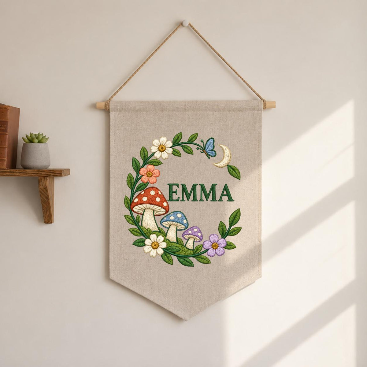 Personalized Emma Mushroom Wall Hanging Embroidered Woodland Banner Floral Garden Decor Crescent Moon Butterfly Nursery Room Gift Art