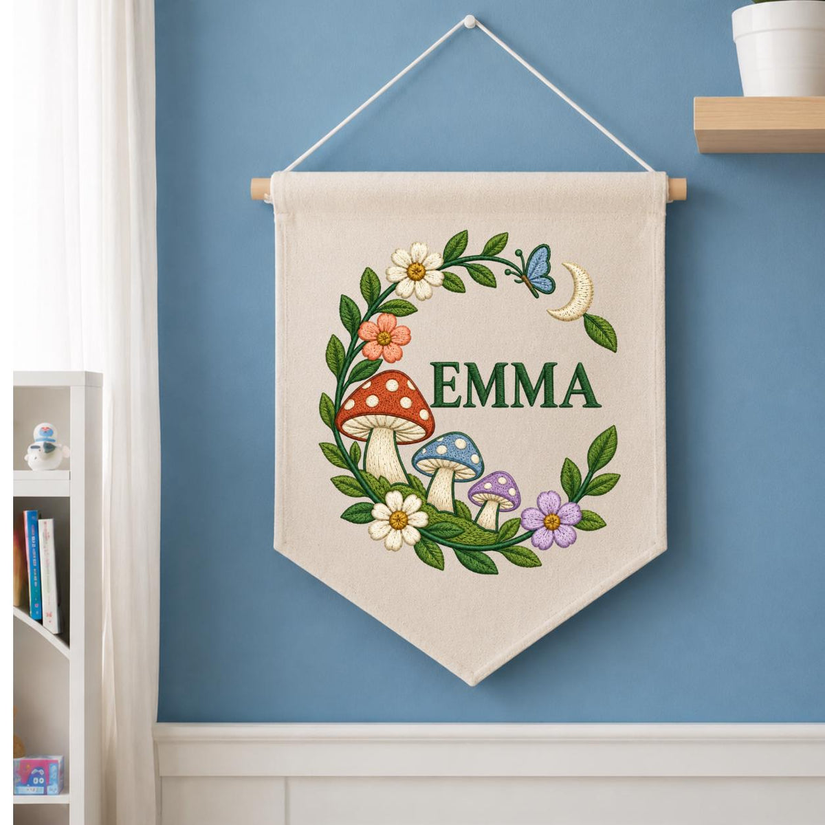 Personalized Emma Mushroom Wall Hanging Embroidered Woodland Banner Floral Garden Decor Crescent Moon Butterfly Nursery Room Gift Art