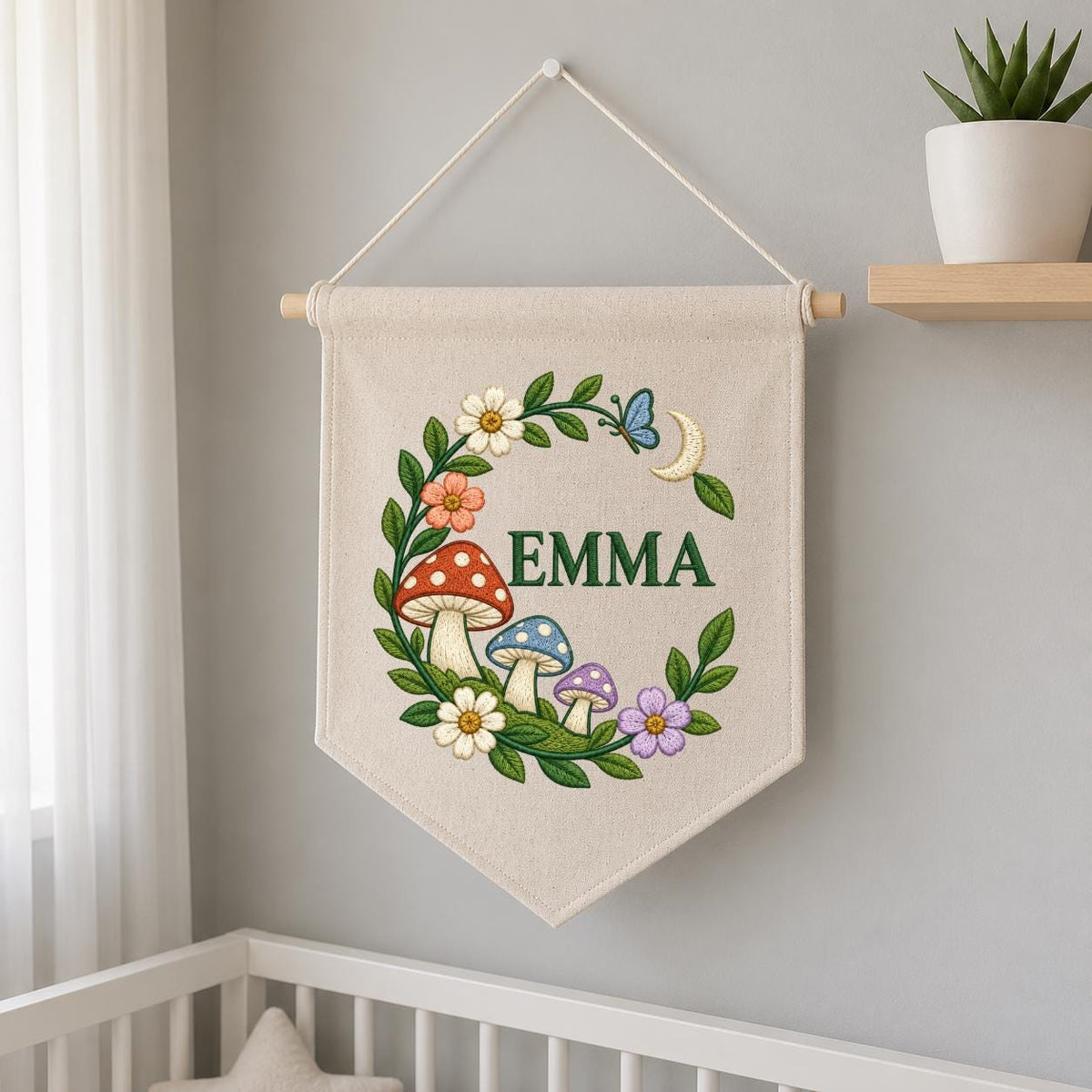 Personalized Emma Mushroom Wall Hanging Embroidered Woodland Banner Floral Garden Decor Crescent Moon Butterfly Nursery Room Gift Art