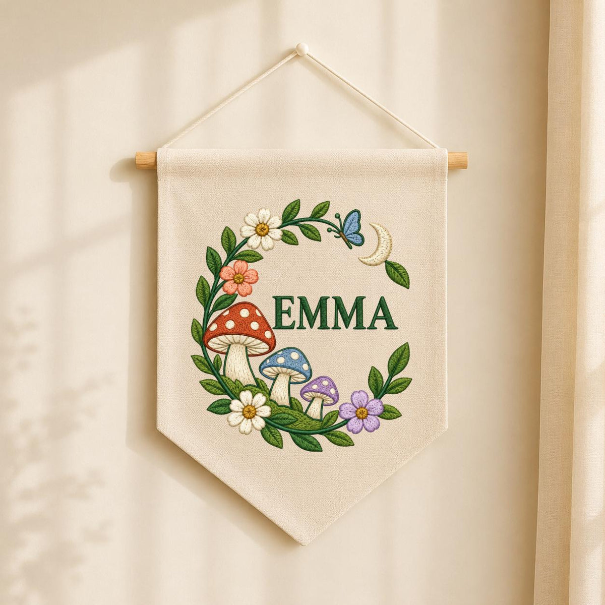 Personalized Emma Mushroom Wall Hanging Embroidered Woodland Banner Floral Garden Decor Crescent Moon Butterfly Nursery Room Gift Art