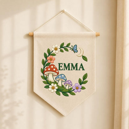 Personalized Emma Mushroom Wall Hanging Embroidered Woodland Banner Floral Garden Decor Crescent Moon Butterfly Nursery Room Gift Art