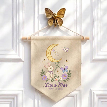 Custom Name Woodland Pennant Banner Bunny Moon Embroidery Wall Decor Purple Flowers Butterfly Nursery Gift Personalized Name Art
