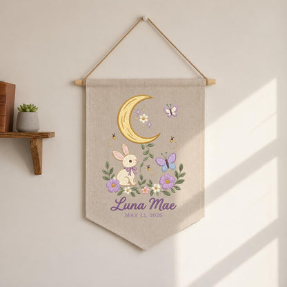 Custom Name Woodland Pennant Banner Bunny Moon Embroidery Wall Decor Purple Flowers Butterfly Nursery Gift Personalized Name Art