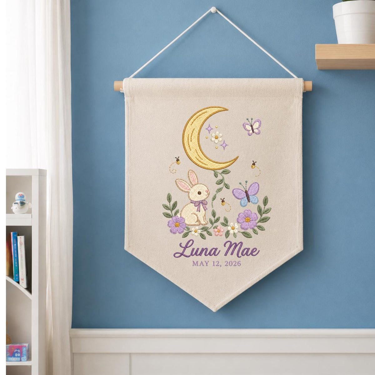 Custom Name Woodland Pennant Banner Bunny Moon Embroidery Wall Decor Purple Flowers Butterfly Nursery Gift Personalized Name Art