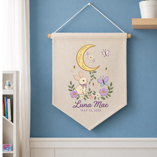 Custom Name Woodland Pennant Banner Bunny Moon Embroidery Wall Decor Purple Flowers Butterfly Nursery Gift Personalized Name Art