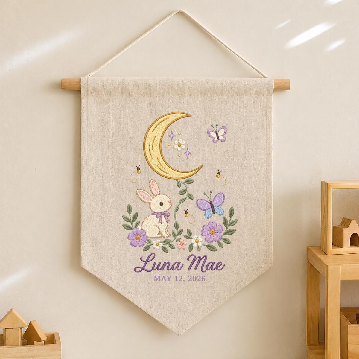 Custom Name Woodland Pennant Banner Bunny Moon Embroidery Wall Decor Purple Flowers Butterfly Nursery Gift Personalized Name Art