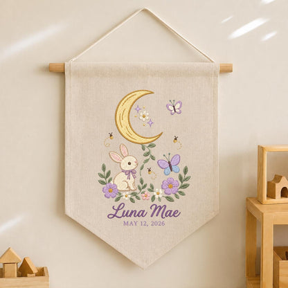 Custom Name Woodland Pennant Banner Bunny Moon Embroidery Wall Decor Purple Flowers Butterfly Nursery Gift Personalized Name Art