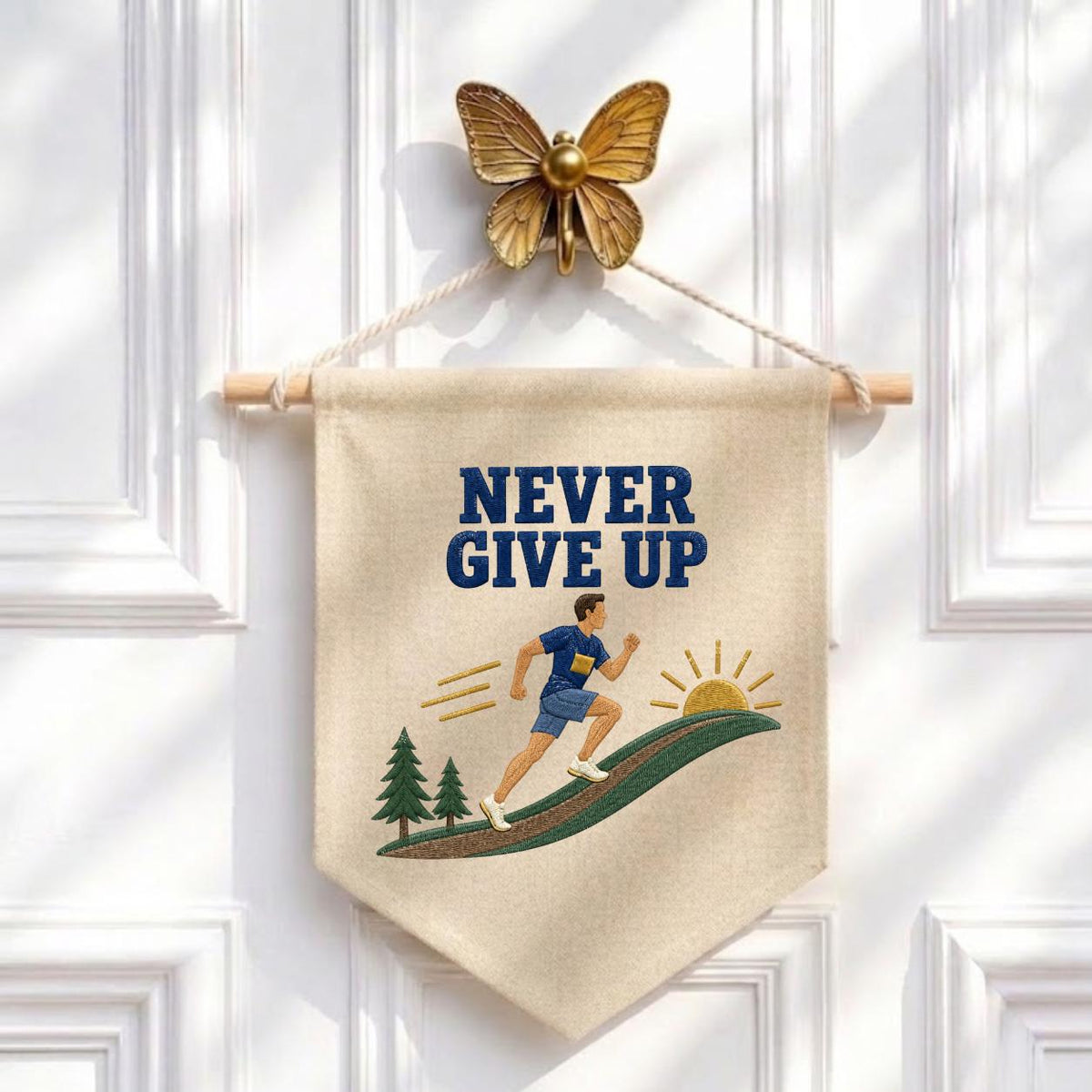 Never Give Up Running Wall Hanging Banner Embroidered Runner Decor Motivational Sports Room Art Fitness Gift for Athlete and Marathon Lover