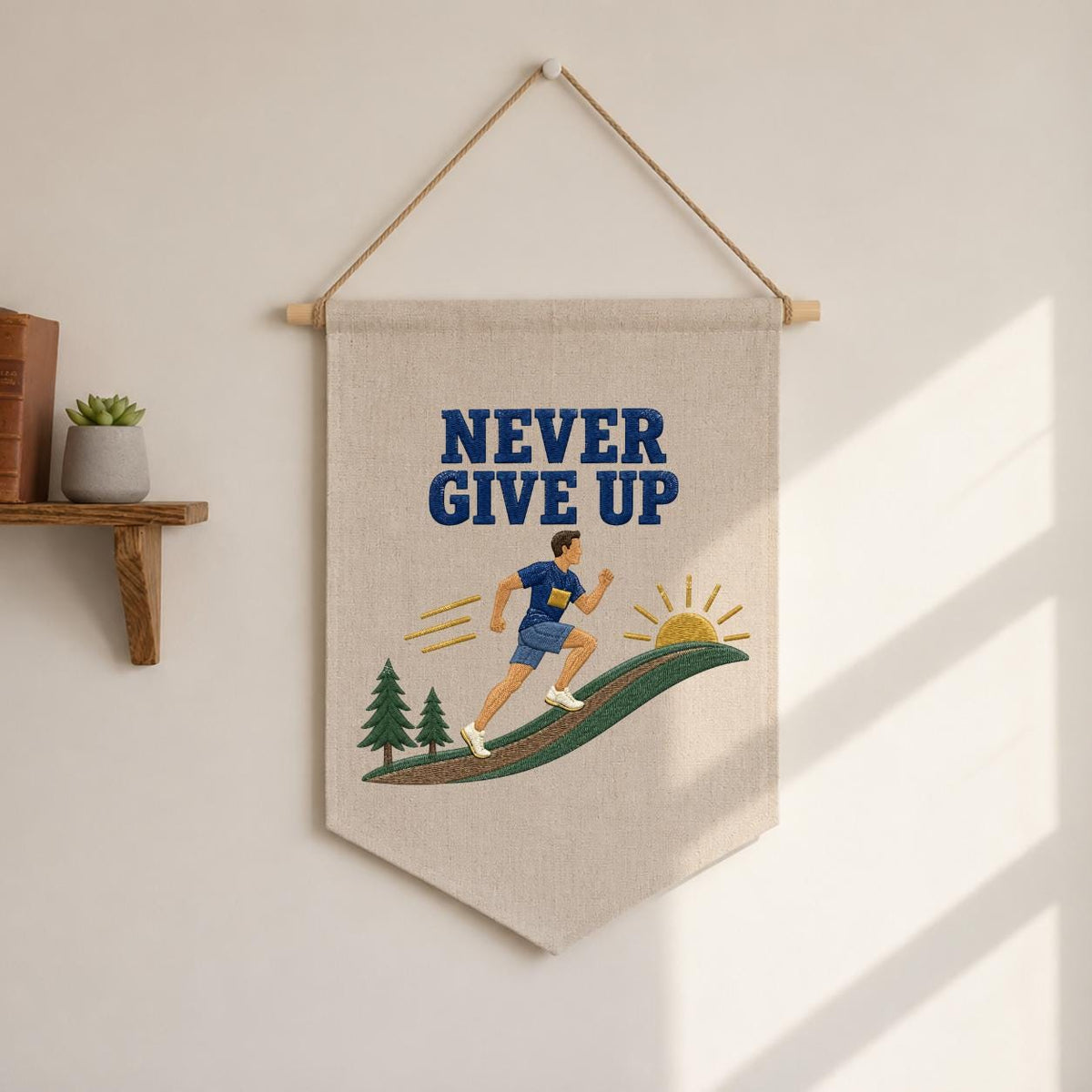 Never Give Up Running Wall Hanging Banner Embroidered Runner Decor Motivational Sports Room Art Fitness Gift for Athlete and Marathon Lover