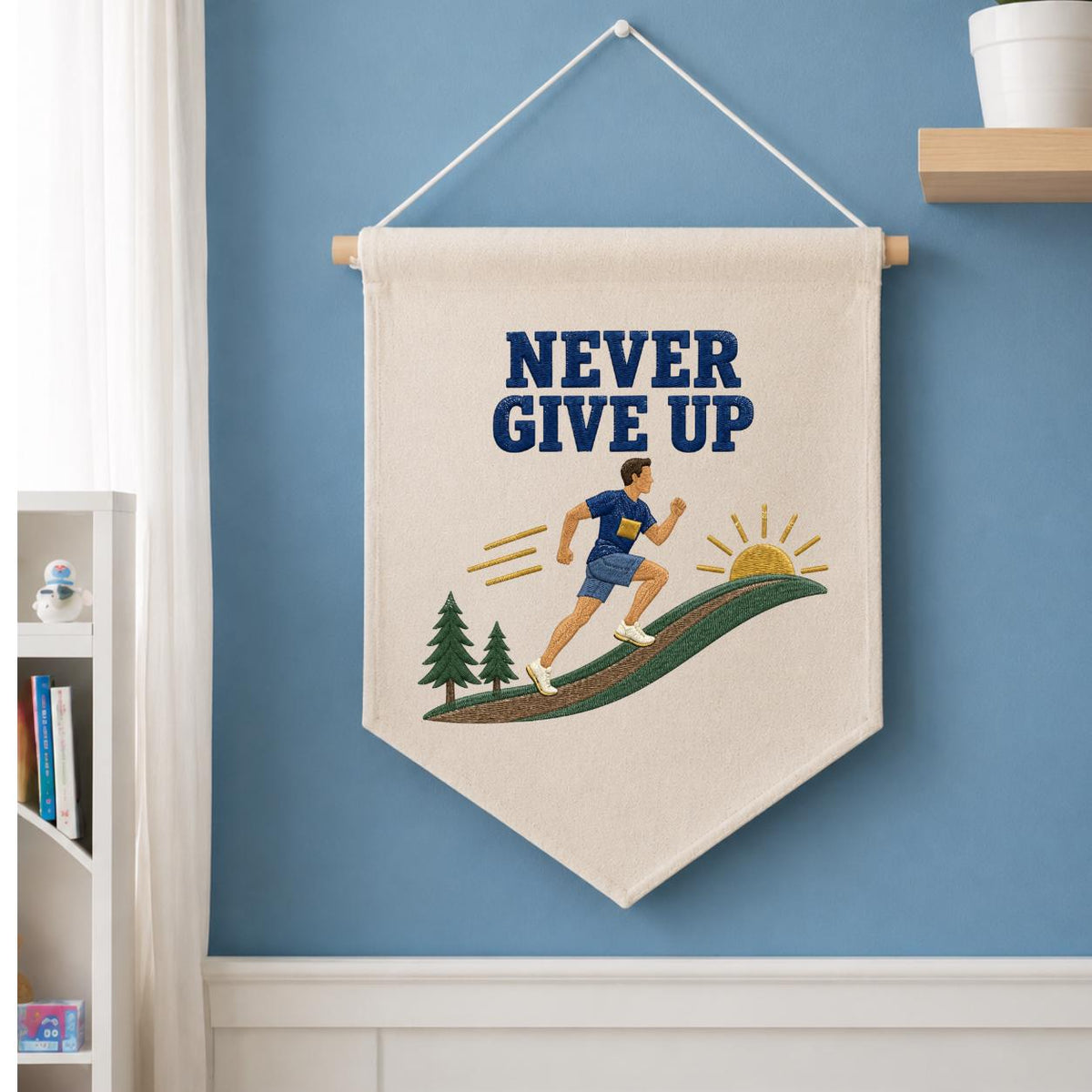 Never Give Up Running Wall Hanging Banner Embroidered Runner Decor Motivational Sports Room Art Fitness Gift for Athlete and Marathon Lover