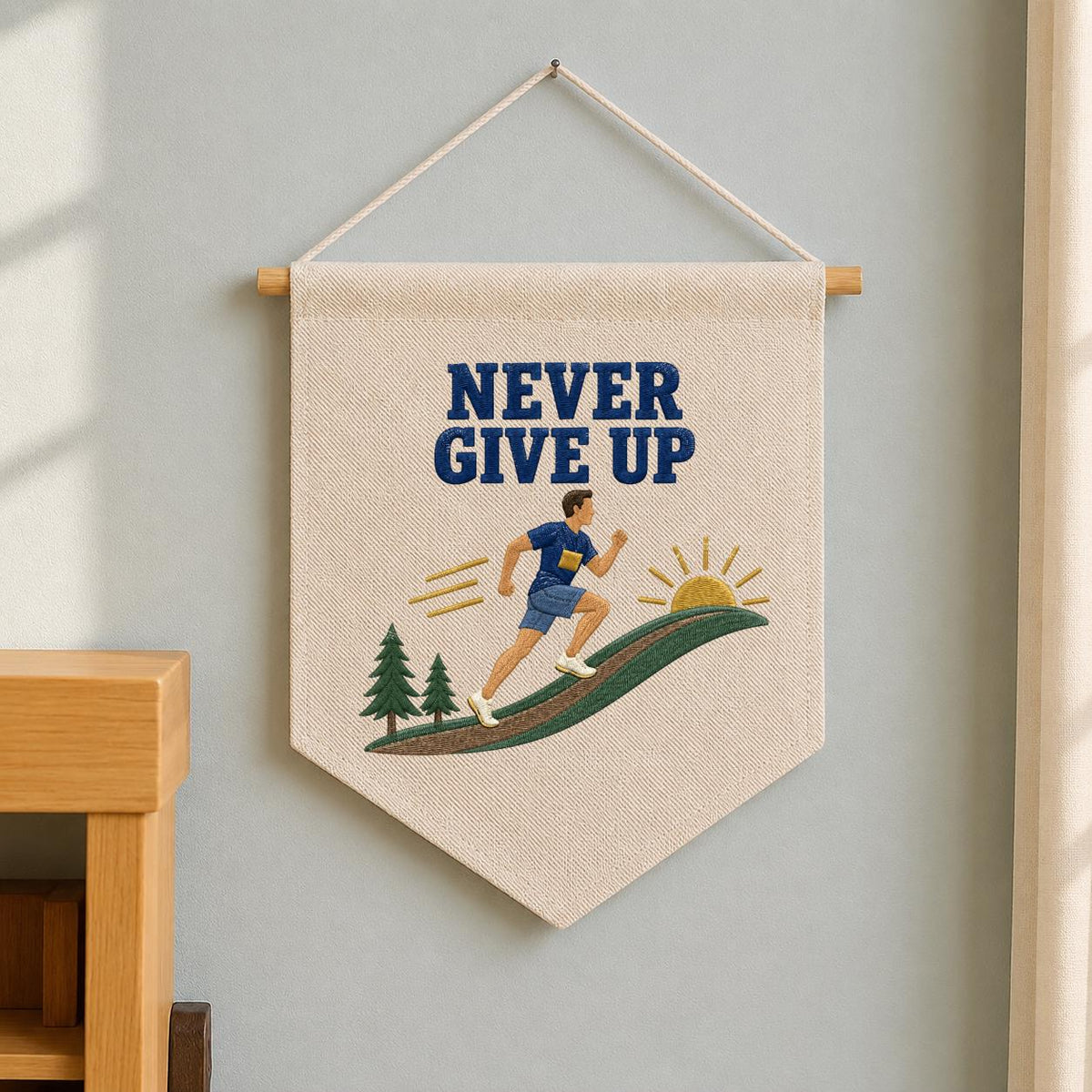 Never Give Up Running Wall Hanging Banner Embroidered Runner Decor Motivational Sports Room Art Fitness Gift for Athlete and Marathon Lover