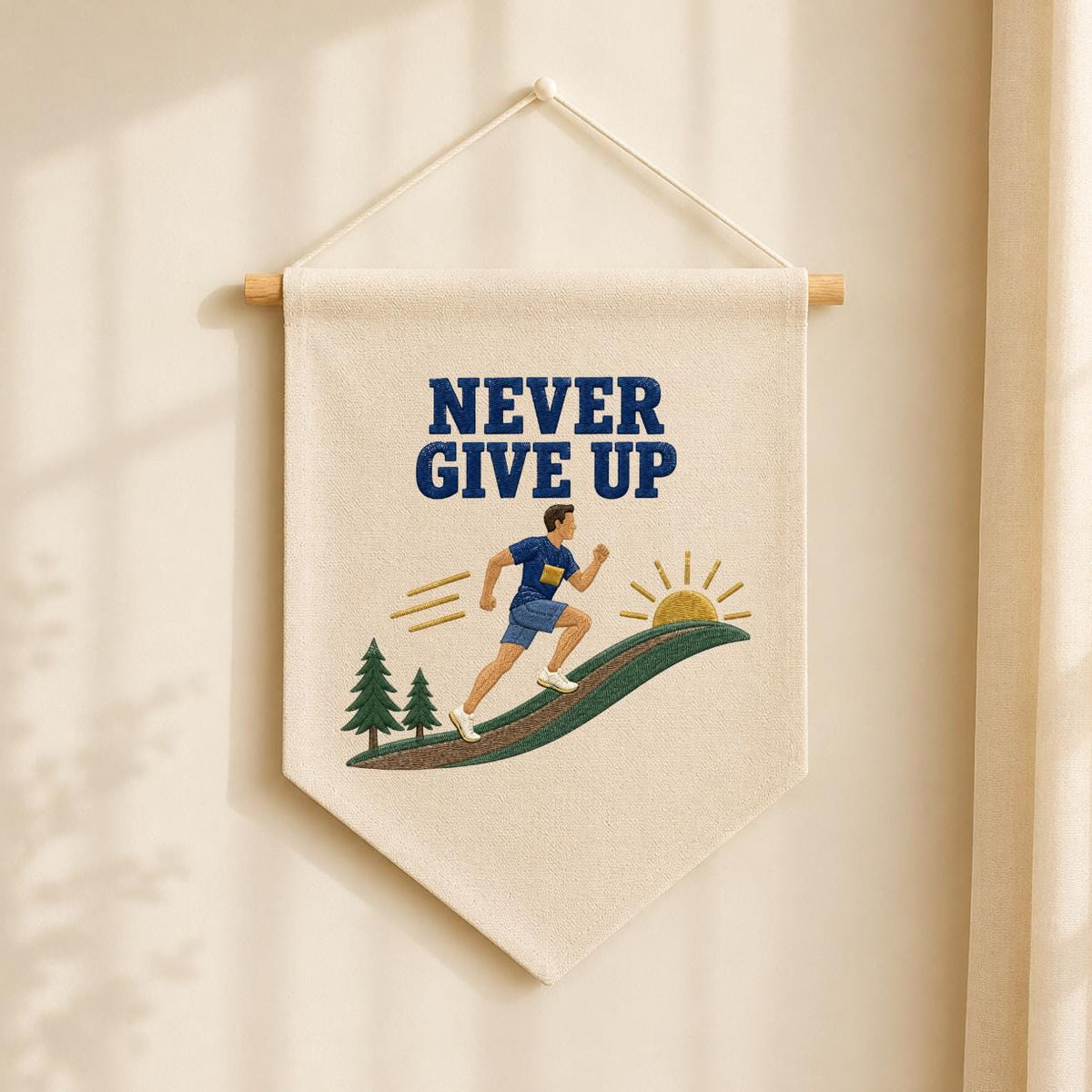 Never Give Up Running Wall Hanging Banner Embroidered Runner Decor Motivational Sports Room Art Fitness Gift for Athlete and Marathon Lover