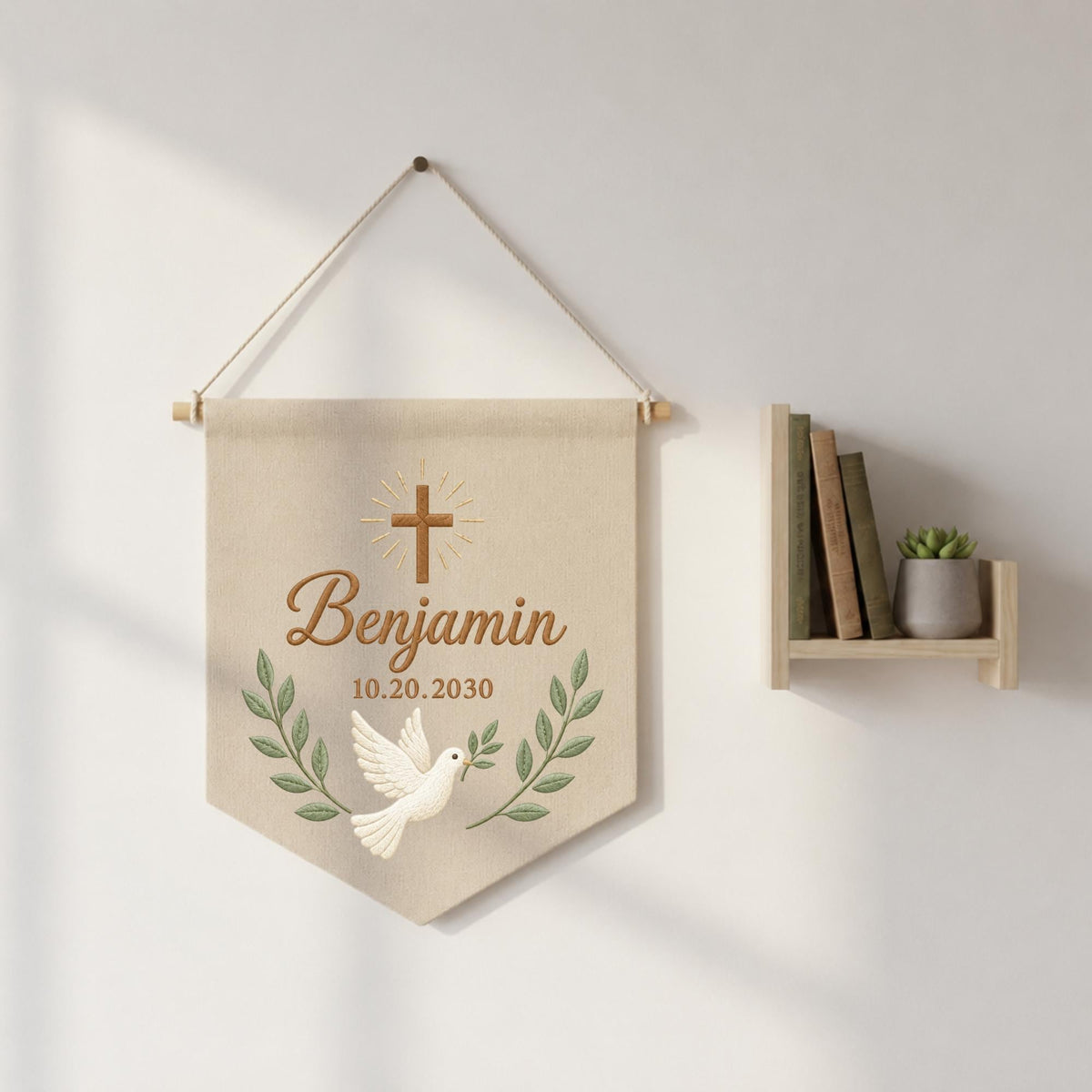 Personalized Christian Baby Name Embroidered Banner, Baptism Cross Dove Nursery Wall Hanging, Custom Christening Gift, Religious Baby Decor