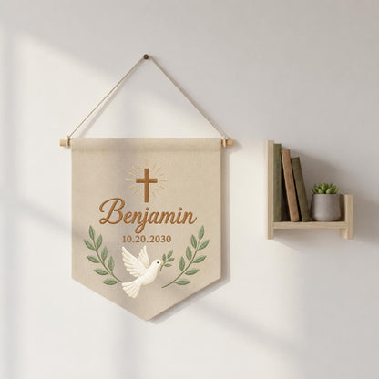 Personalized Christian Baby Name Embroidered Banner, Baptism Cross Dove Nursery Wall Hanging, Custom Christening Gift, Religious Baby Decor