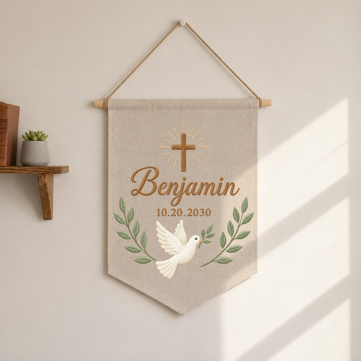 Personalized Christian Baby Name Embroidered Banner, Baptism Cross Dove Nursery Wall Hanging, Custom Christening Gift, Religious Baby Decor