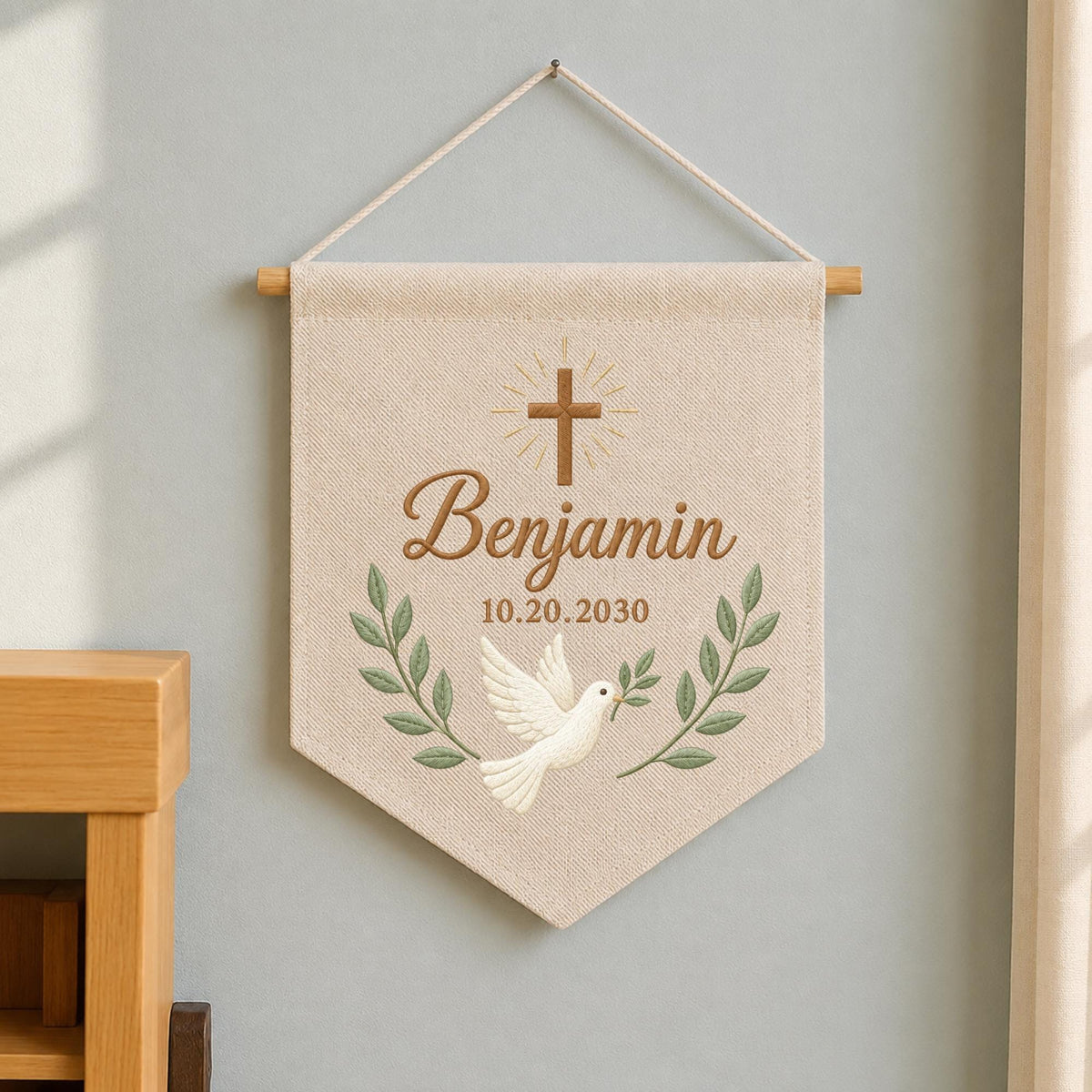 Personalized Christian Baby Name Embroidered Banner, Baptism Cross Dove Nursery Wall Hanging, Custom Christening Gift, Religious Baby Decor