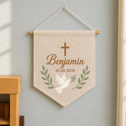 Personalized Christian Baby Name Embroidered Banner, Baptism Cross Dove Nursery Wall Hanging, Custom Christening Gift, Religious Baby Decor