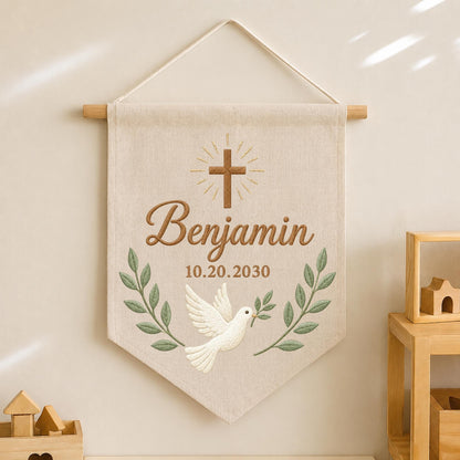 Personalized Christian Baby Name Embroidered Banner, Baptism Cross Dove Nursery Wall Hanging, Custom Christening Gift, Religious Baby Decor
