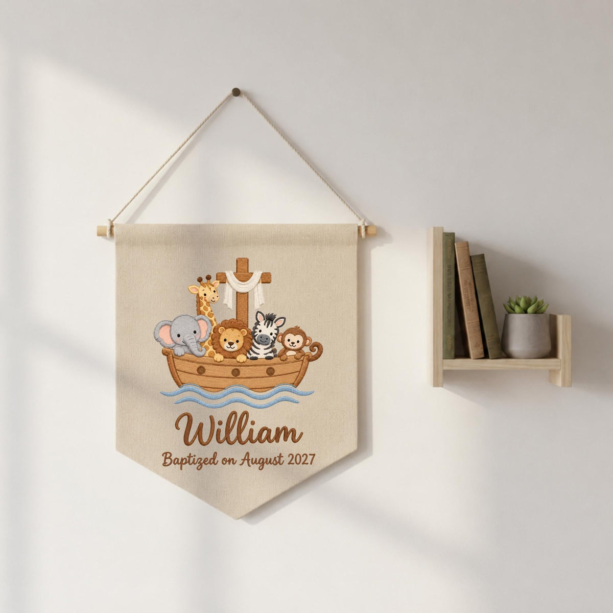 Personalized Noah's Ark Embroidered Baby Banner, Baptism Name Wall Hanging, Christian Nursery Decor, Custom Christening Gift for Baby Boy