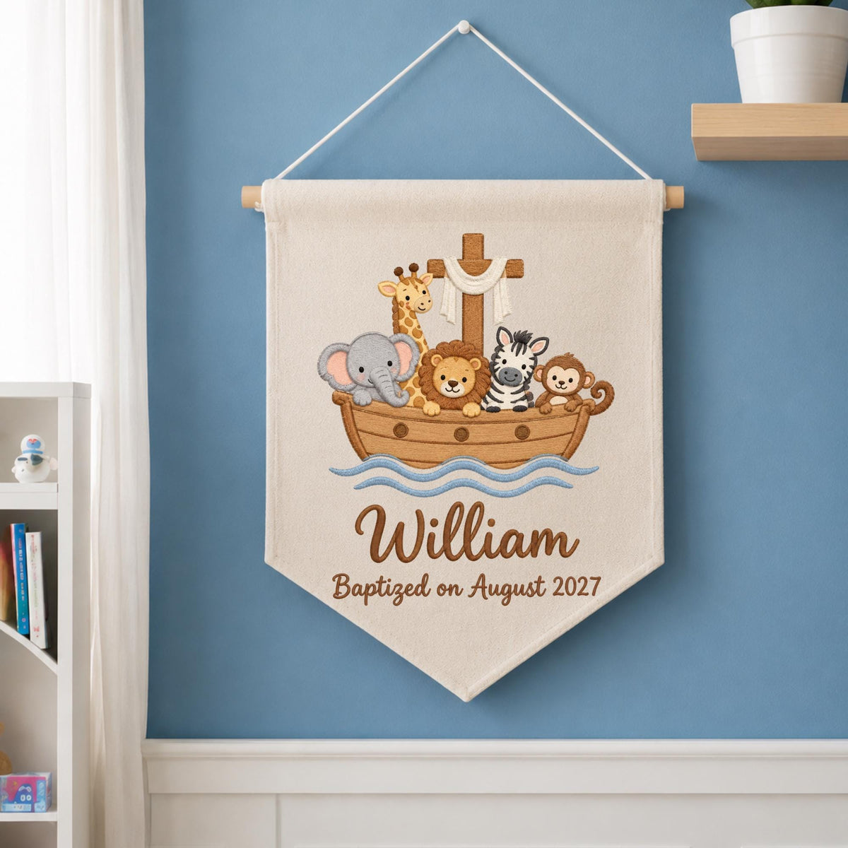 Personalized Noah's Ark Embroidered Baby Banner, Baptism Name Wall Hanging, Christian Nursery Decor, Custom Christening Gift for Baby Boy