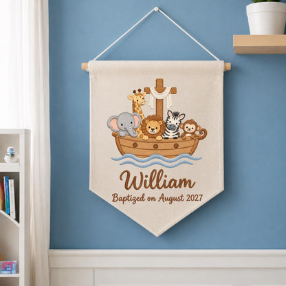 Personalized Noah's Ark Embroidered Baby Banner, Baptism Name Wall Hanging, Christian Nursery Decor, Custom Christening Gift for Baby Boy