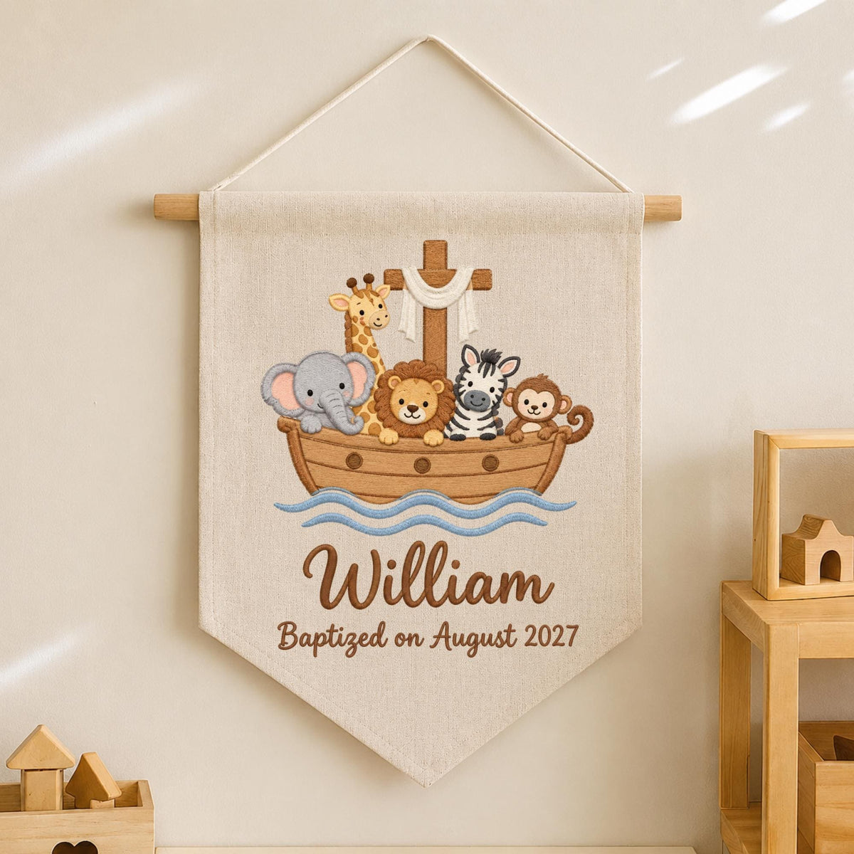 Personalized Noah's Ark Embroidered Baby Banner, Baptism Name Wall Hanging, Christian Nursery Decor, Custom Christening Gift for Baby Boy