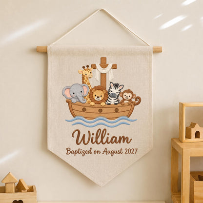 Personalized Noah's Ark Embroidered Baby Banner, Baptism Name Wall Hanging, Christian Nursery Decor, Custom Christening Gift for Baby Boy