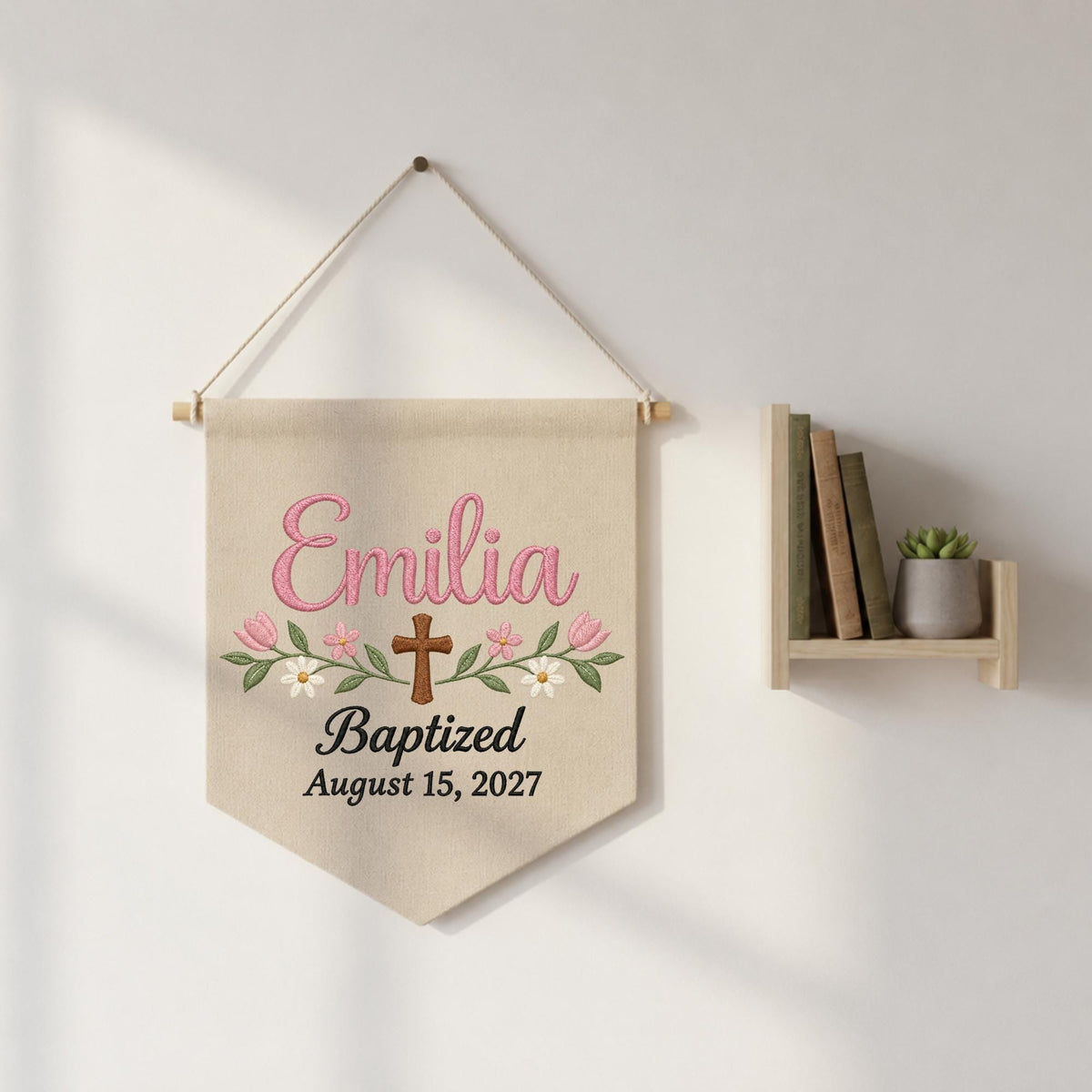Personalized Baptism Embroidered Banner, Custom Baby Name Baptism Gift, Christian Cross Floral Wall Hanging, Christening Nursery Decor