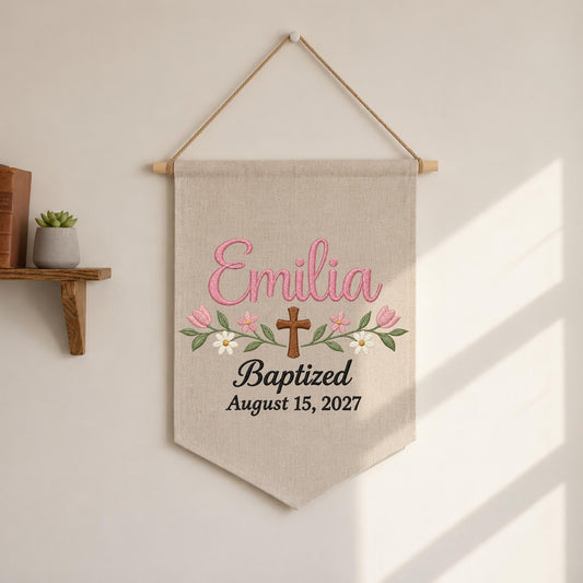 Personalized Baptism Embroidered Banner, Custom Baby Name Baptism Gift, Christian Cross Floral Wall Hanging, Christening Nursery Decor
