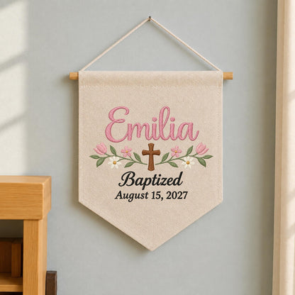 Personalized Baptism Embroidered Banner, Custom Baby Name Baptism Gift, Christian Cross Floral Wall Hanging, Christening Nursery Decor