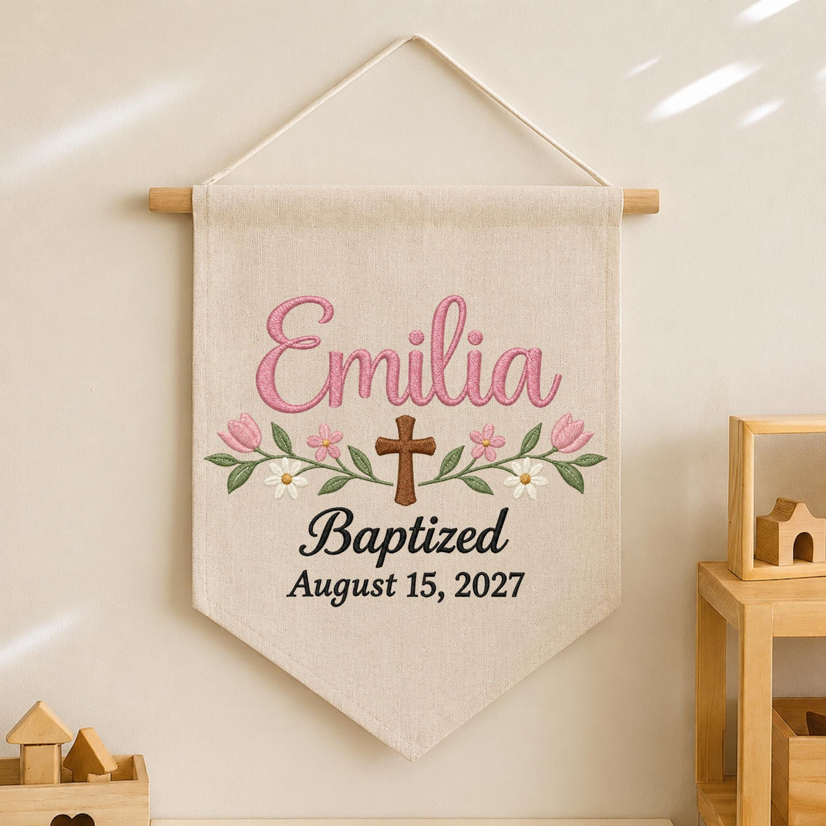 Personalized Baptism Embroidered Banner, Custom Baby Name Baptism Gift, Christian Cross Floral Wall Hanging, Christening Nursery Decor