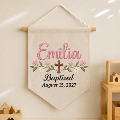 Personalized Baptism Embroidered Banner, Custom Baby Name Baptism Gift, Christian Cross Floral Wall Hanging, Christening Nursery Decor