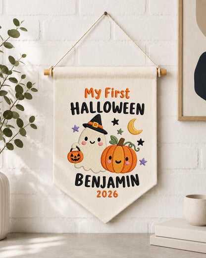 Personalized First Halloween Embroidered Banner, Custom Baby Name Halloween Wall Hanging, Ghost Pumpkin Nursery Decor, Baby Halloween Gift