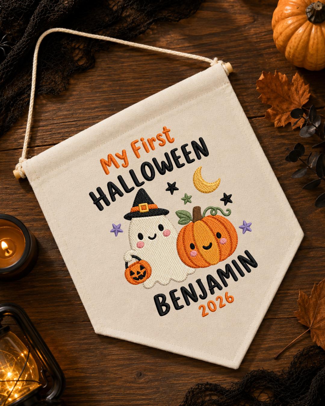 Personalized First Halloween Embroidered Banner, Custom Baby Name Halloween Wall Hanging, Ghost Pumpkin Nursery Decor, Baby Halloween Gift